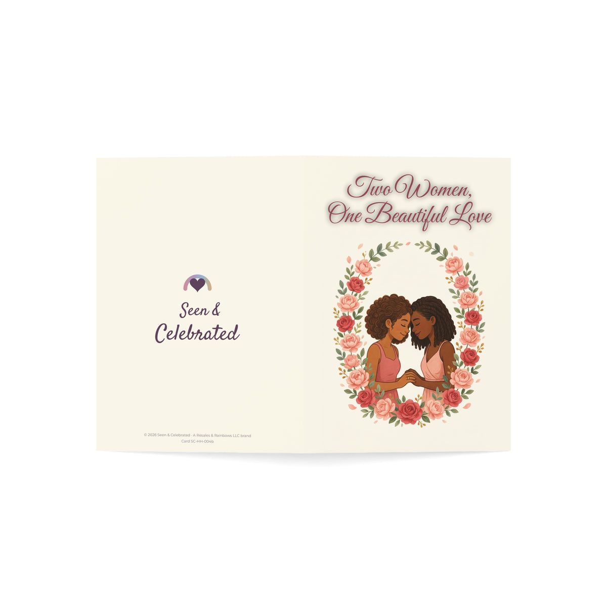 Two Women, One Beautiful Love | Black Couple Her and Her Anniversary Card, Floral Wreath