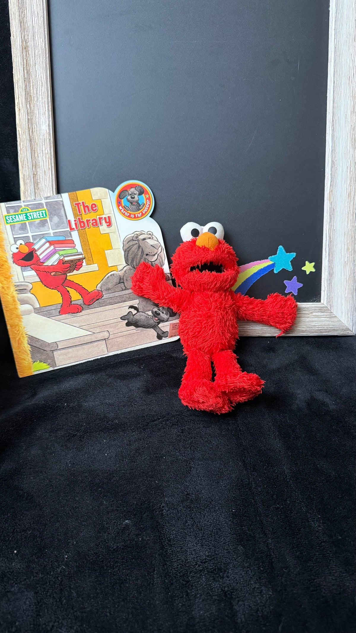 Sesame Street Elmo Plush + "The Library" Board Book Bundle