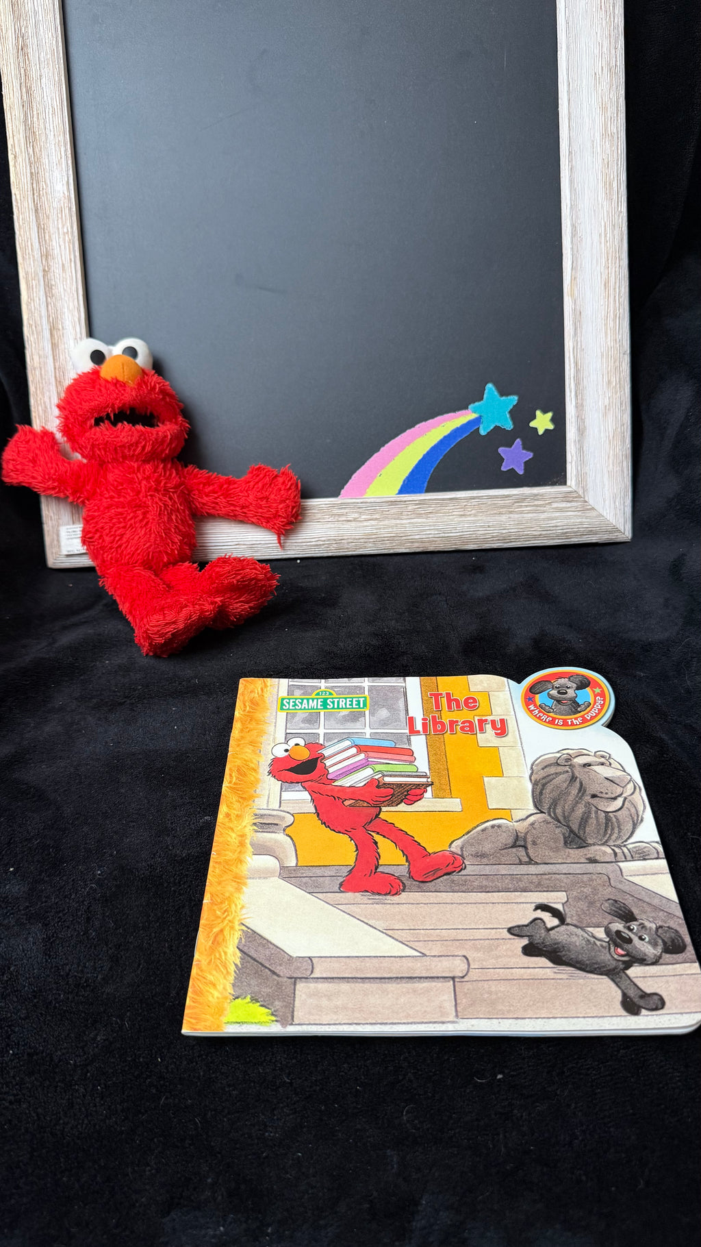 Sesame Street Elmo Plush + "The Library" Board Book Bundle