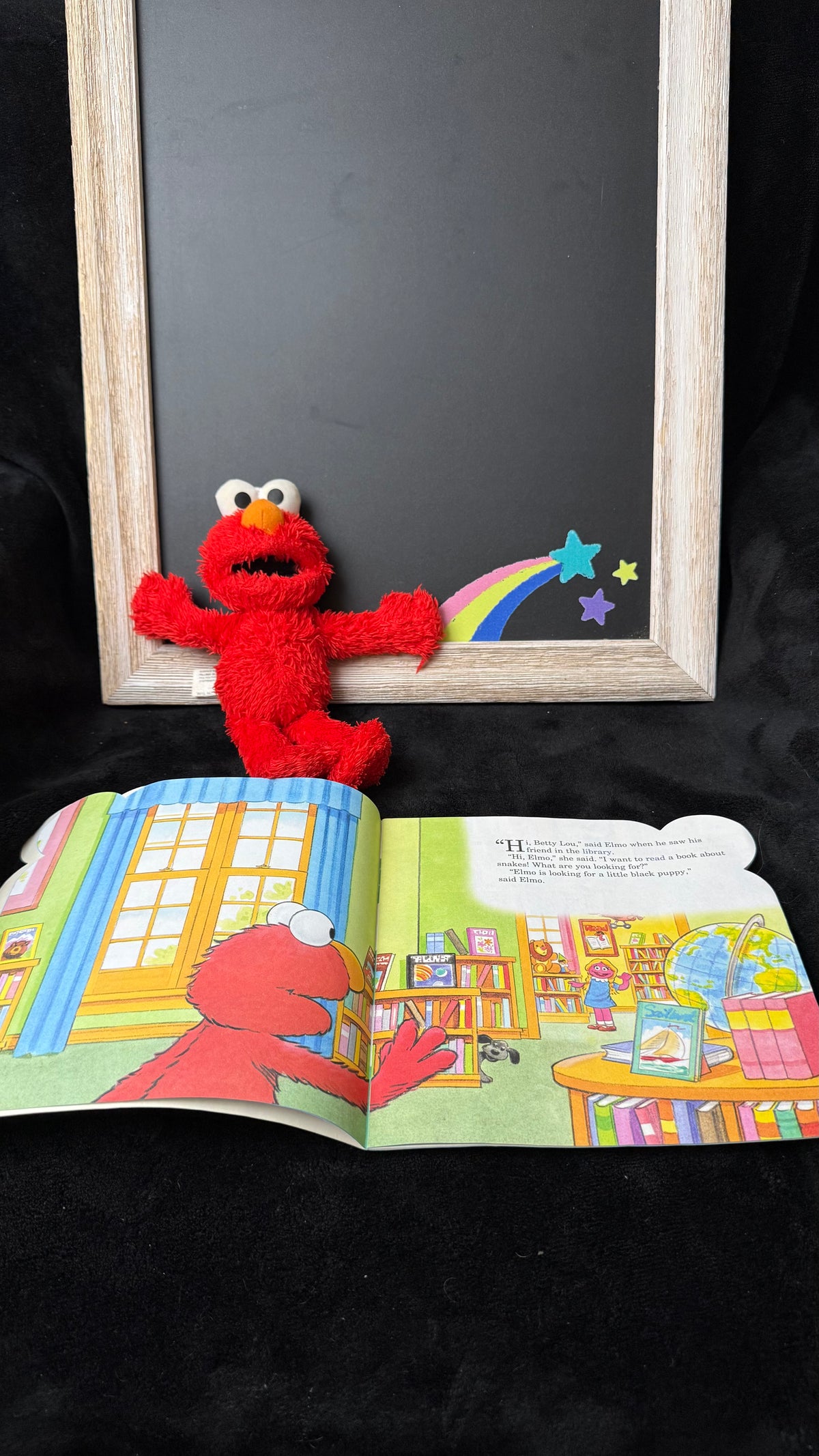 Sesame Street Elmo Plush + "The Library" Board Book Bundle