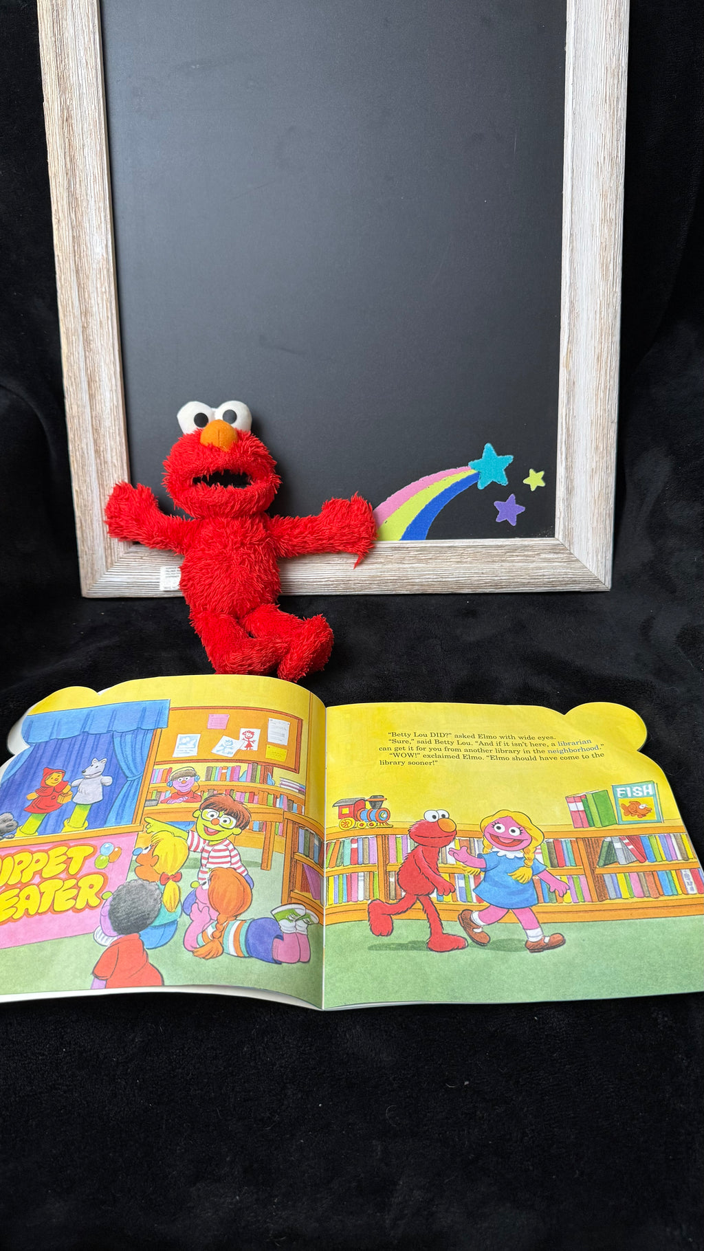 Sesame Street Elmo Plush + "The Library" Board Book Bundle