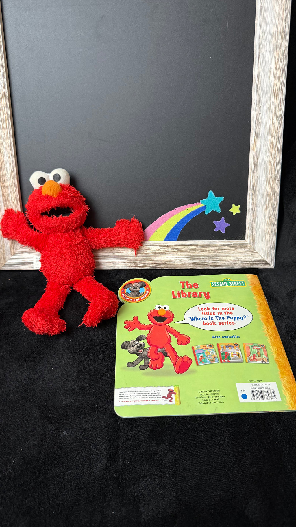 Sesame Street Elmo Plush + "The Library" Board Book Bundle