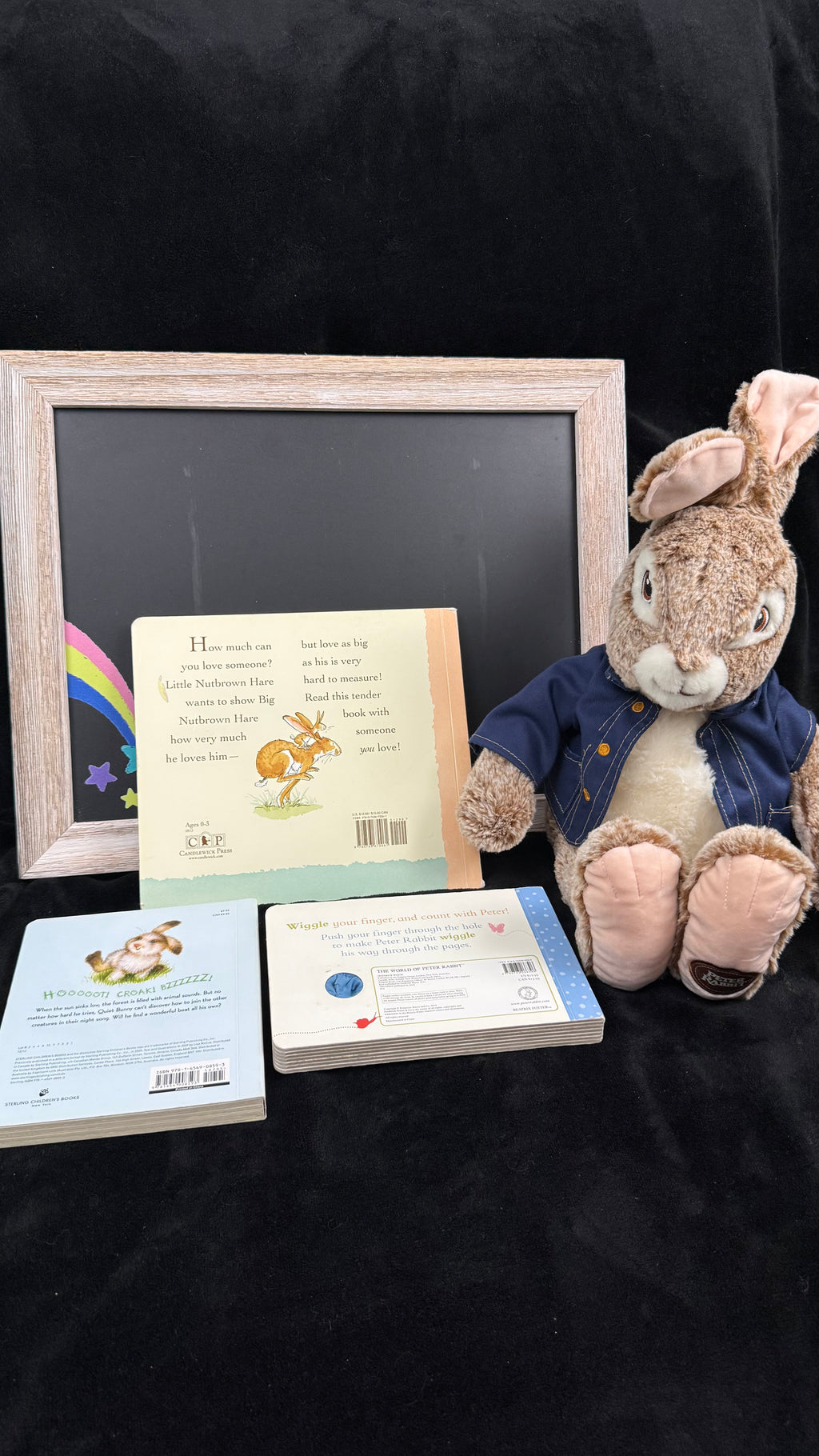 Back covers of the three bunny board books with the Peter Rabbit plush