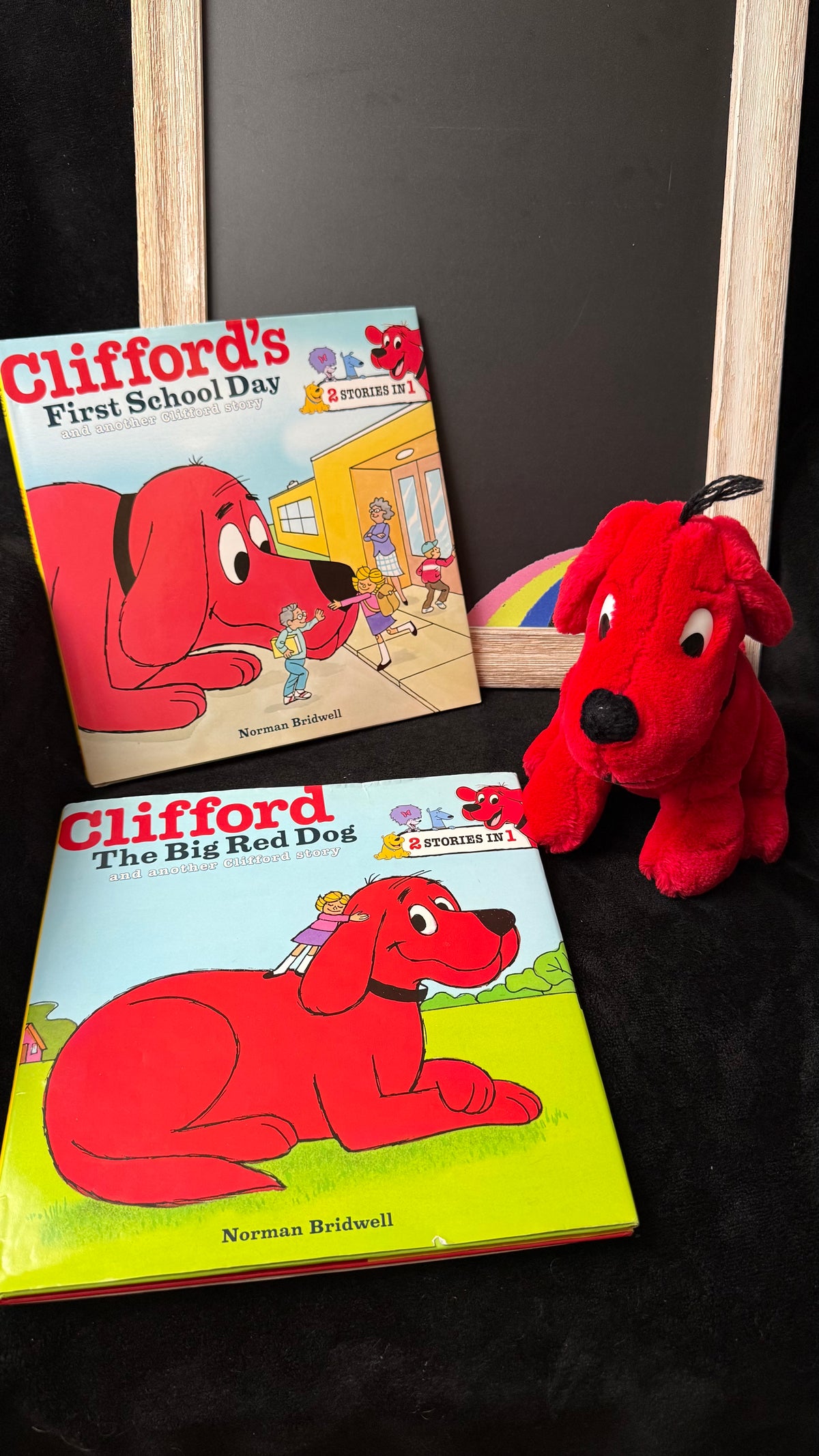 Clifford's First School Day and Clifford the Big Red Dog hardcover treasuries with a red Clifford plush