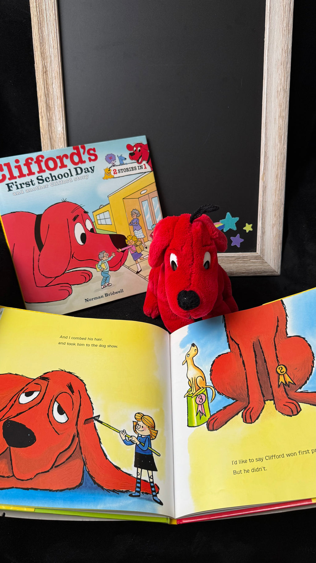 Clifford's First School Day book cover, open interior pages, and red Clifford plush