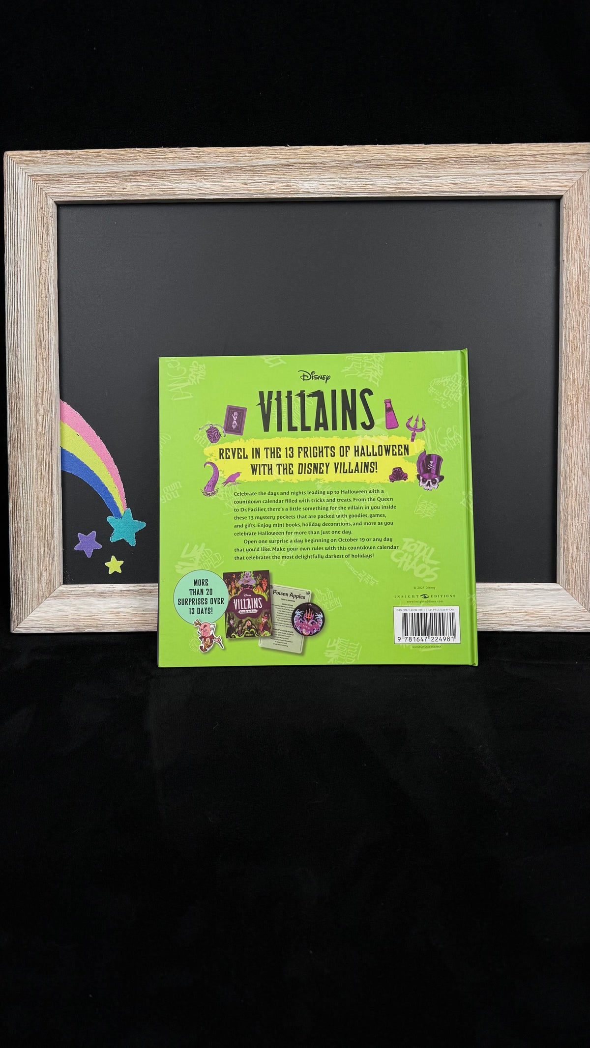 Back cover of the Disney Villains countdown calendar listing more than 20 surprises over 13 days