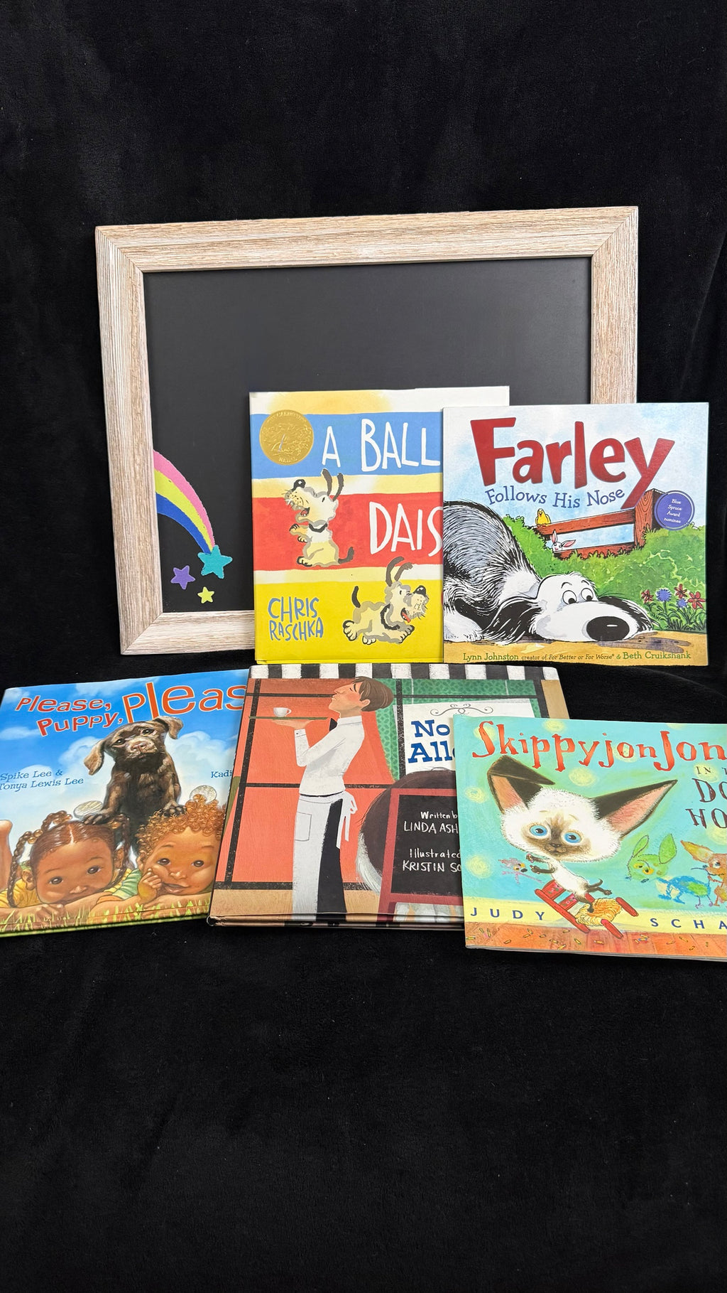 Rainbow Joy Book Shop Green bundle flat lay with chalkboard rainbow prop