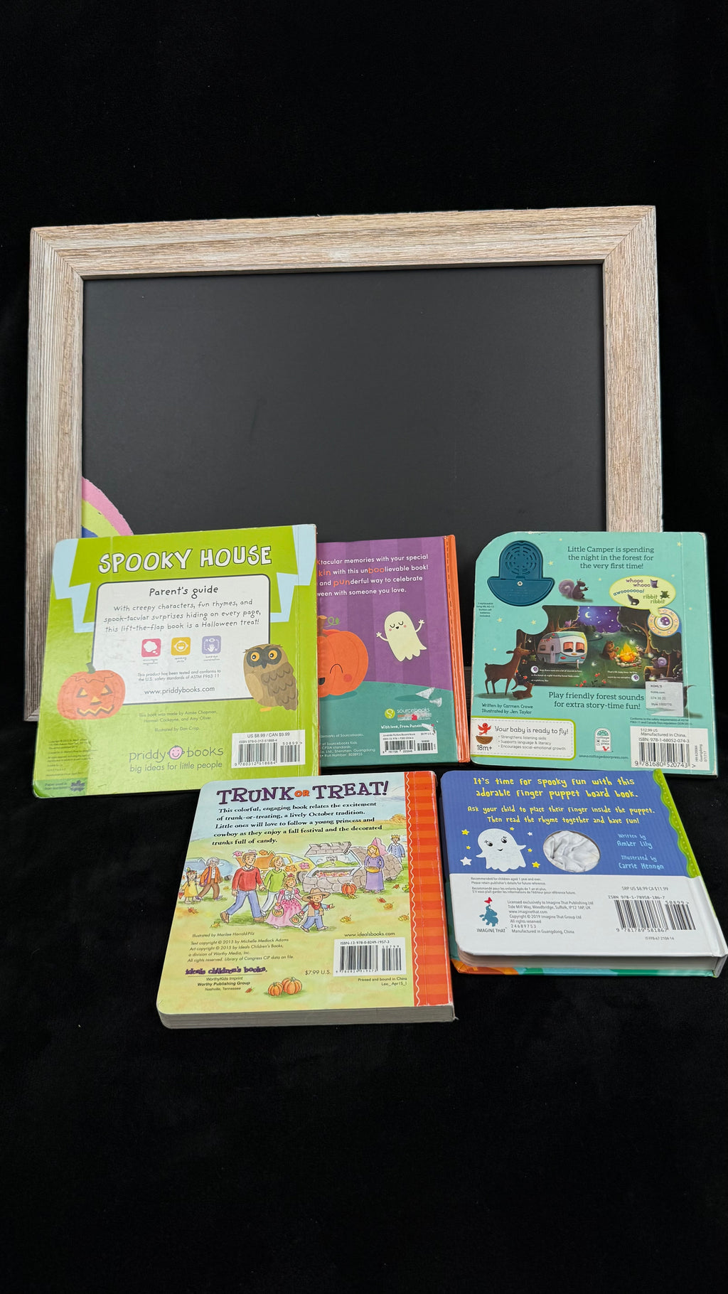 Back covers of the five board books in the Little Pumpkin bundle