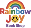 Rainbow Joy Book Shop logo: a rainbow arc over the words Rainbow Joy Book Shop, with a smiling sun in place of the O in Joy